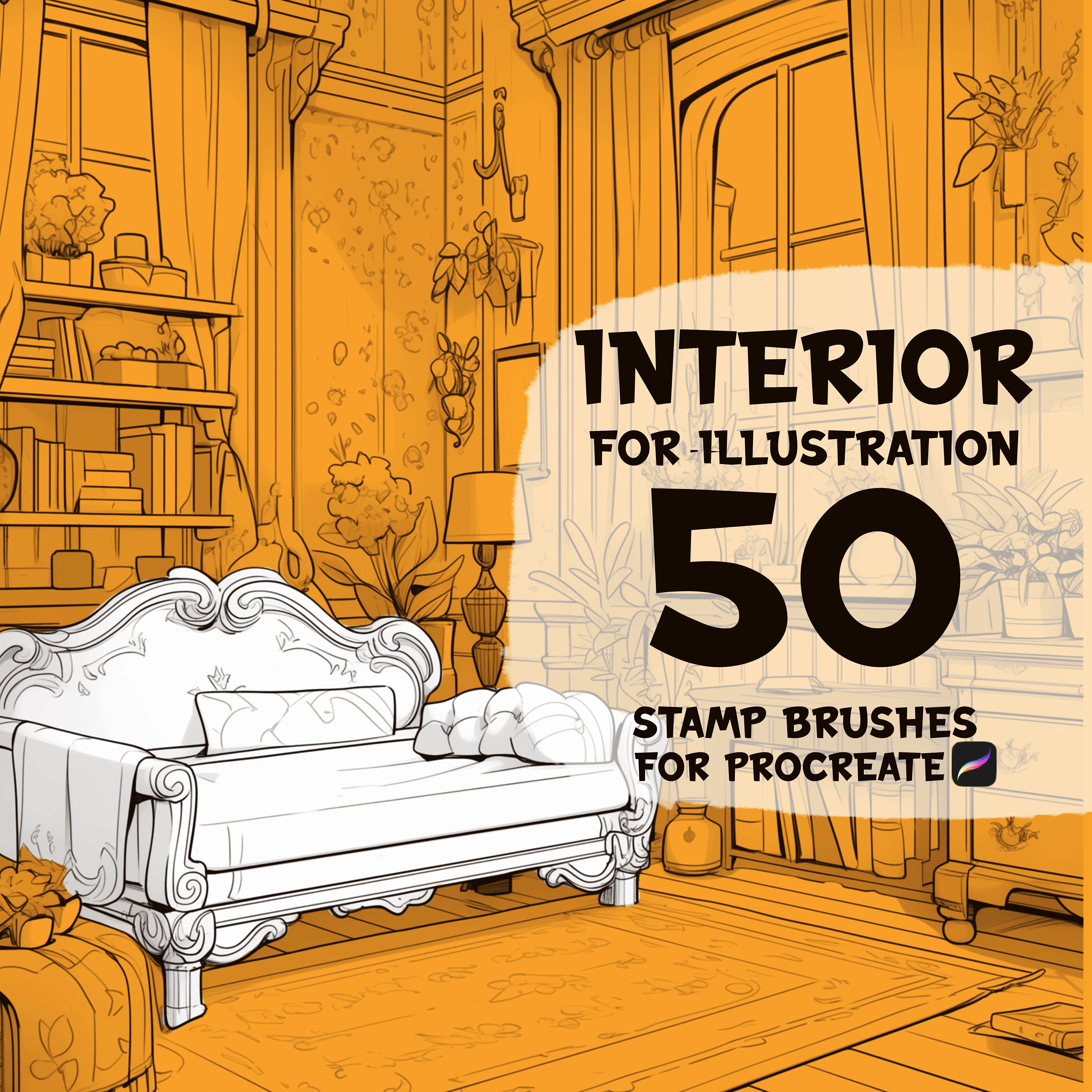 50 pinceles sello de fondos de habitación para Procreate – escenas de interior, salas de estar y sellos de ilustración