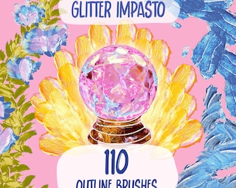 May include: A digital art graphic with the text "Glitter Impasto" and "110 Outline Brushes for Procreate." The image features a pink crystal ball on a yellow and brown base, set against a pink background with blue and yellow brushstrokes and floral elements.