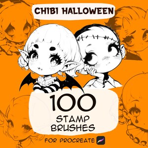 May include: An orange graphic with the text "CHIBI HALLOWEEN" at the top. The image features two black and white chibi characters, one with bat wings and the other with stitches. The text "100 STAMP BRUSHES FOR PROCREATE" is also included.