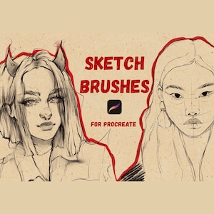 Op de afbeelding: Een digitale illustratie van twee vrouwengezichten getekend in zwart en wit. De tekst "SKETCH BRUSHES FOR PROCREATE" staat in rode en witte letters.
