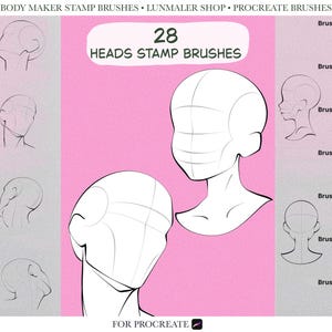May include: A digital art product showcasing 28 head stamp brushes for Procreate. The image presents multiple head sketches with brush stroke labels, set against a pink and grey background. Text includes "28 HEADS STAMP BRUSHES" and "FOR PROCREATE."