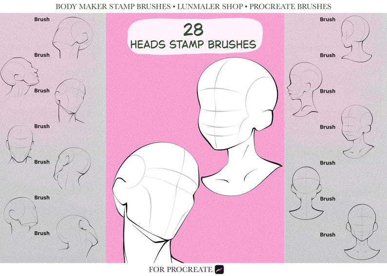 May include: A digital art product showcasing 28 head stamp brushes for Procreate. The image presents multiple head sketches with brush stroke labels, set against a pink and grey background. Text includes "28 HEADS STAMP BRUSHES" and "FOR PROCREATE."