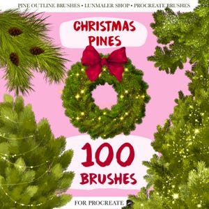 Może przedstawiać: Cyfrowa ilustracja wieńca bożonarodzeniowego z czerwoną kokardą i łańcuchem świetlnym. Tekst "Christmas Pines" i "100 Brushes" jest wyświetlany na czerwono. Widoczne są również słowa "For Procreate".