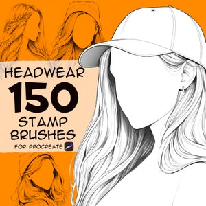 以下が含まれることがあります： Procreate 用のデジタルスタンプブラシ150個セット。さまざまなヘッドウェアのデザインが揃っています。画像には、長い髪をした女性が白いベースボールキャップをかぶっている様子が描かれています。