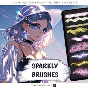 May include: Digital art illustration featuring a woman with blue hair, wearing glasses and a hat. The image includes the text "Sparkly Brushes" and a tablet displaying various brush strokes. The text "For Procreate" is also visible.