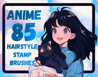 Pode incluir: Anime 85 Hairstyle Stamp Brushes. Uma ilustração digital de uma menina com cabelo longo e preto segurando um gato preto. A menina está vestindo uma camisa azul e tem um blush rosa nas bochechas. O fundo é um céu azul com nuvens brancas.