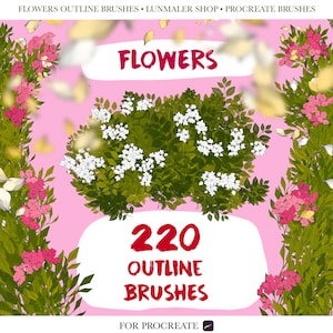 Puede incluir: Gráfico digital con la palabra "FLOWERS" en rojo, sobre un grupo de elementos florales blancos y verdes. La imagen también muestra "220 OUTLINE BRUSHES" en rojo, con el texto "FOR PROCREATE" debajo. Fondo rosa con acentos florales.