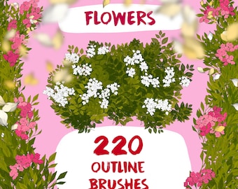 May include: A digital art graphic with the word "FLOWERS" in red, above a cluster of white and green floral elements. The image also displays "220 OUTLINE BRUSHES" in red, with the text "FOR PROCREATE" below. Pink background with floral accents.