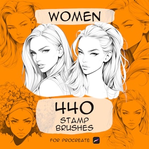 Pode incluir: Gráfico laranja com a palavra "WOMEN" no topo. Abaixo, duas ilustrações em preto e branco de rostos de mulheres. O texto "440 STAMP BRUSHES" está no centro, com "FOR PROCREATE" na parte inferior.