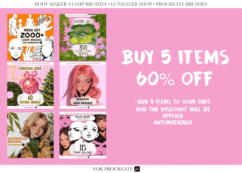 May include: A pink promotional graphic for Procreate brushes. The image showcases six product previews, including stamp brushes and hair brushes. Text on the graphic reads "Buy 5 items, 60% off." The text also states that the discount is applied automatically.