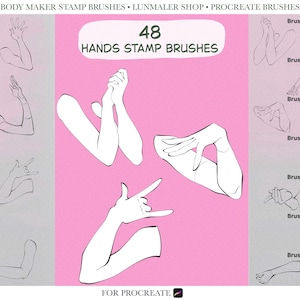 May include: Digital stamp brushes for Procreate with 48 hand poses. The image displays various hand gestures and arm positions in a line art style, set against a pink and grey background. Text includes "48 HANDS STAMP BRUSHES".
