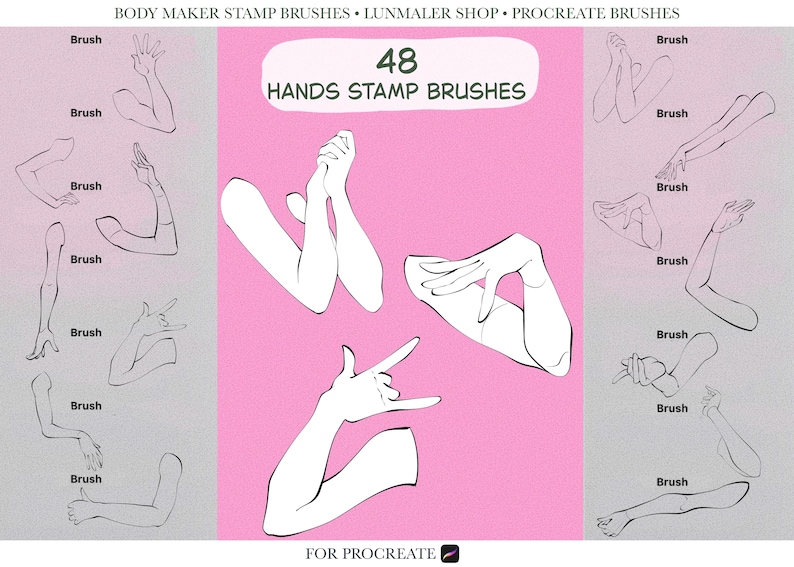May include: Digital stamp brushes for Procreate with 48 hand poses. The image displays various hand gestures and arm positions in a line art style, set against a pink and grey background. Text includes "48 HANDS STAMP BRUSHES".
