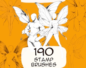 Könnte beinhalten: Orangefarbene digitale Kunstgrafik mit dem Text „FAIRY BUNDLE“ oben. Das Bild zeigt Illustrationen von Feen mit großen, detaillierten Flügeln. Der Text „190 STAMP BRUSHES“ ist prominent dargestellt, mit „FOR PROCREATE“ unten.