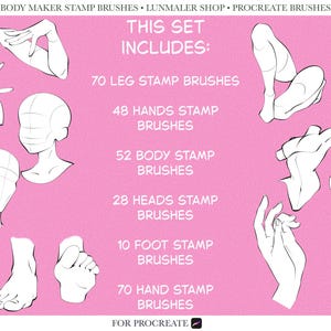 May include: A pink background featuring white line drawings of body parts such as legs, hands, heads, feet, and a torso. Text states "THIS SET INCLUDES: 70 LEG STAMP BRUSHES, 48 HANDS STAMP BRUSHES, 52 BODY STAMP BRUSHES, 28 HEADS STAMP BRUSHES, 10 FOOT STAMP BRUSHES, 70 HAND STAMP BRUSHES."