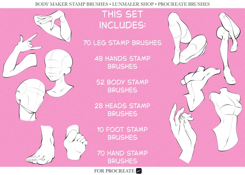 May include: A pink background featuring white line drawings of body parts such as legs, hands, heads, feet, and a torso. Text states "THIS SET INCLUDES: 70 LEG STAMP BRUSHES, 48 HANDS STAMP BRUSHES, 52 BODY STAMP BRUSHES, 28 HEADS STAMP BRUSHES, 10 FOOT STAMP BRUSHES, 70 HAND STAMP BRUSHES."