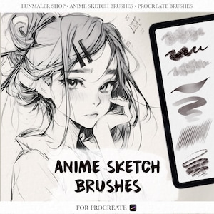 May include: An illustration of an anime-style girl with long hair and two barrettes. The image is in black and white. The text "ANIME SKETCH BRUSHES" is displayed below the illustration. A tablet on the right shows brush stroke examples.