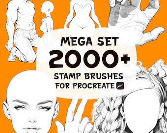May include: A digital illustration of a set of 2000+ stamp brushes for Procreate, featuring various body parts, including hands, faces, and hair. The text "MEGA SET 2000+ STAMP BRUSHES FOR PROCREATE" is displayed in bold black letters on an orange background.