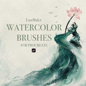 Op de afbeelding: Een digitale afbeelding met de tekst LunMaler WATERCOLOR BRUSHES FOR PROCREATE en een klein Procreate-pictogram. Het kunstwerk toont een aquarelillustratie van een figuur in donkergroene gewaden bij een roze lotusbloem en vogels.