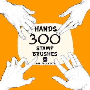 May include: Illustration of four hands in different positions, surrounding a white circle with the text "HANDS 300 STAMP BRUSHES FOR PROCREATE" in black.