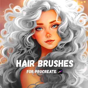 May include: A digital illustration of a woman with long, white, curly hair. The text "HAIR BRUSHES FOR PROCREATE" is displayed below the woman's hair. The Procreate logo is also displayed.