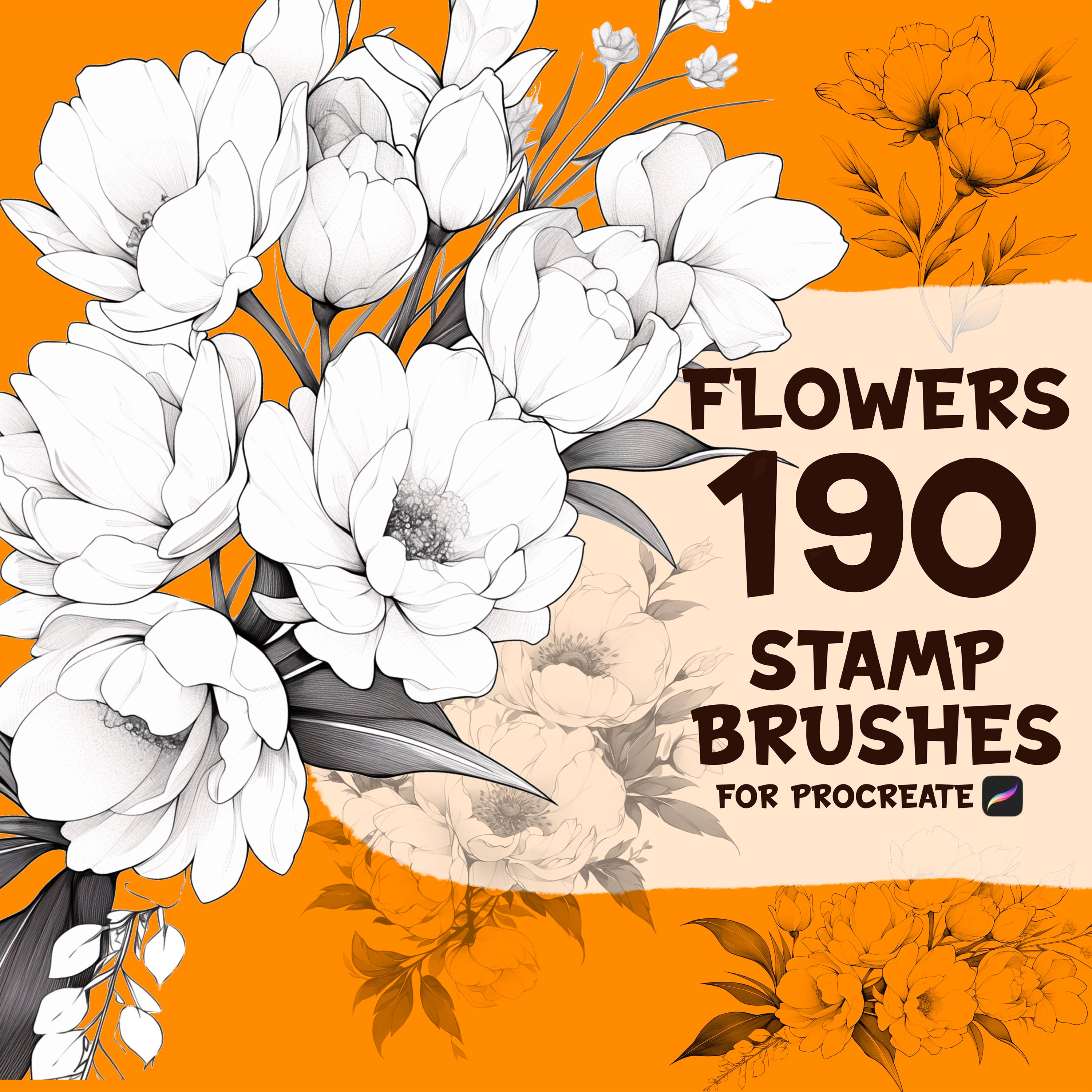 190 pinceles de sellos florales para Procreate – Peonías, plantas y sellos botánicos