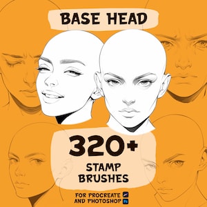 Może przedstawiać: Pomarańczowa grafika z tekstem "BASE HEAD" i "320+ STAMP BRUSHES", z ilustracjami kobiecych twarzy. Grafika zawiera również tekst "FOR PROCREATE AND PHOTOSHOP".