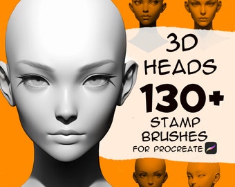 Könnte beinhalten: Ein Set mit über 130 digitalen Stempelpinseln für Procreate mit 3D-Köpfen. Die Pinsel wurden entwickelt, um Künstlern zu helfen, realistische und ausdrucksstarke Porträts zu erstellen.