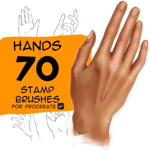 Puede incluir: Un conjunto de 70 pinceles de sello digital para Procreate, que presentan varias poses de manos. La imagen muestra una mano con un tono de piel marrón claro, sosteniendo un cartel amarillo con el texto "HANDS 70 STAMP BRUSHES FOR PROCREATE".