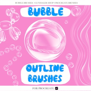Könnte beinhalten: Rosa digitale Grafik mit den Wörtern "BUBBLE" und "OUTLINE BRUSHES" in Blau. Das Bild zeigt Illustrationen zum Thema Blasen, darunter eine große, transparente Blase und ein ballonförmiges Tier. Der Text "FOR PROCREATE" ist ebenfalls enthalten.