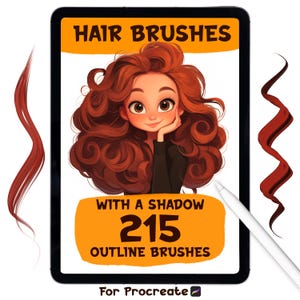Puede incluir: Producto de arte digital mostrado en una tableta. La imagen presenta una ilustración de dibujos animados de una niña con cabello rizado rojo. El texto en la tableta dice "HAIR BRUSHES" y "215 OUTLINE BRUSHES". También se ven un lápiz óptico y mechones de cabello.
