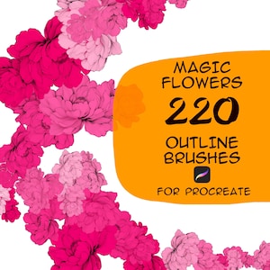 Könnte beinhalten: Digitale Kunstpinsel für Procreate. Das Bild zeigt ein florales Design in Rosa- und Fuchsiatönen mit dem Text "MAGIC FLOWERS 220 OUTLINE BRUSHES FOR PROCREATE" auf einem orangefarbenen Hintergrund.