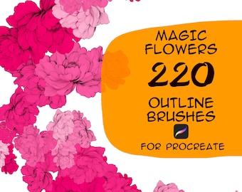 May include: Digital art brushes for Procreate. The image features a vibrant floral design in shades of pink and fuchsia, with the text "MAGIC FLOWERS 220 OUTLINE BRUSHES FOR PROCREATE" on an orange background.