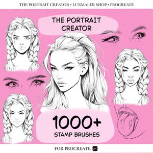 May include: A digital art set titled The Portrait Creator featuring black and white line art illustrations of female faces with various hairstyles, detailed eyes, and lips on a pink background, designed as 1000+ stamp brushes for Procreate.