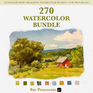 Puede incluir: Un paquete digital de acuarelas para Procreate con una pintura de paisaje de una casa roja, árboles y un campo. La imagen incluye el texto "270 Watercolor Bundle" y "For Procreate". También incluye una paleta de colores.