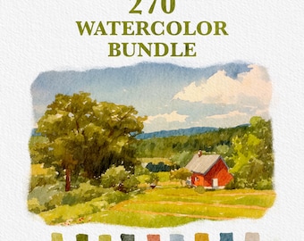 May include: A digital watercolor bundle for Procreate featuring a landscape painting of a red house, trees, and a field. The image includes the text "270 Watercolor Bundle" and "For Procreate". The image also includes a color palette.