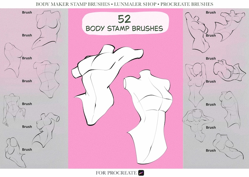 May include: Digital art brushes for Procreate. The image shows 52 body stamp brushes, with stylized body outlines. The text reads "BODY MAKER STAMP BRUSHES" and "BODY STAMP BRUSHES". The background is split into pink and grey sections.
