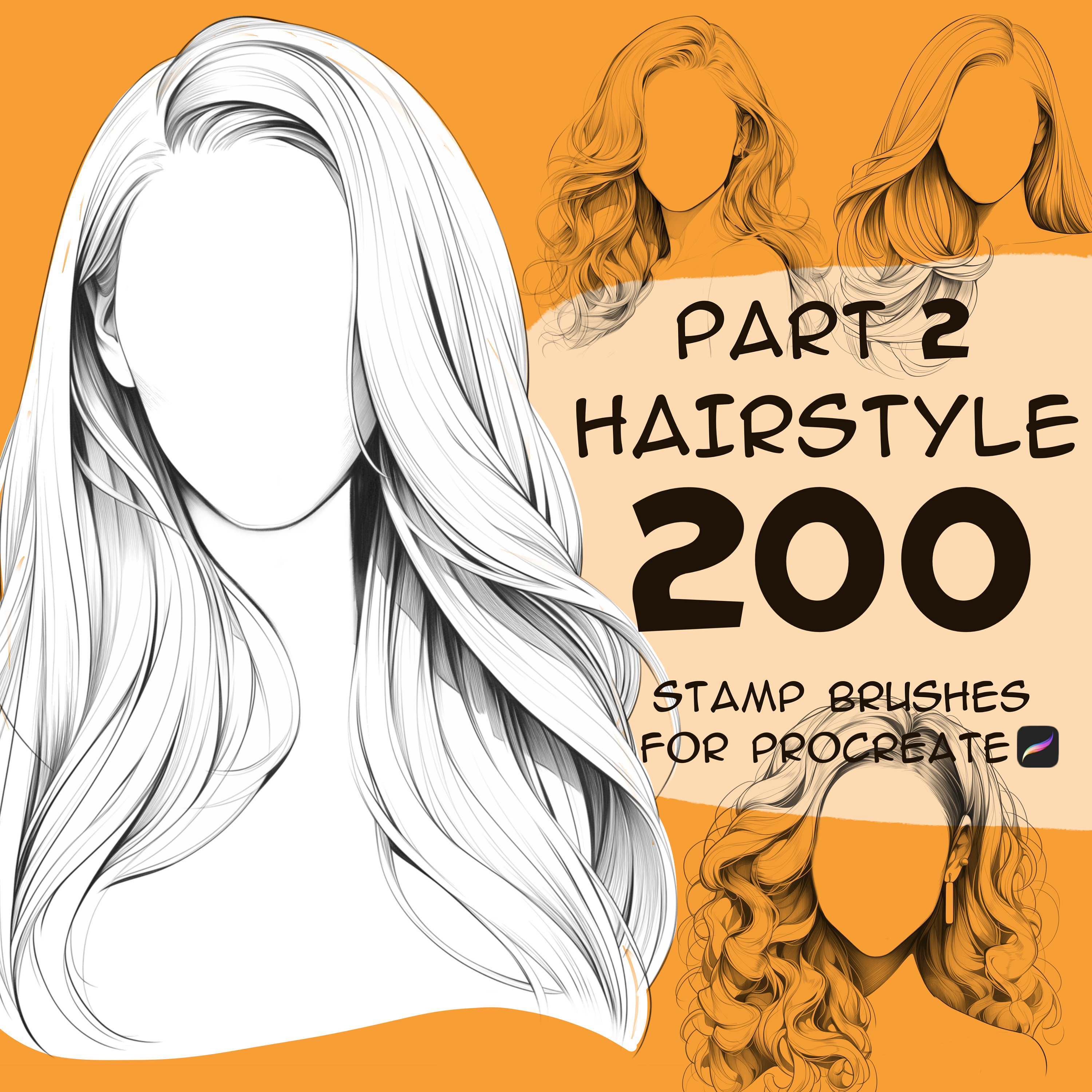 Pack de 200 sellos de cabello para Procreate (Parte 2) – Pinceles de sellos de peinados para mujer y pinceles para cabello rizado