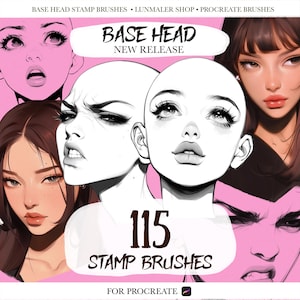 Może przedstawiać: Reklama produktu do sztuki cyfrowej z wystylizowanymi ilustracjami kobiecych twarzy. Tekst "BASE HEAD", "NEW RELEASE" i "115 STAMP BRUSHES" jest wyświetlany. Tło jest różowe. Dla Procreate.