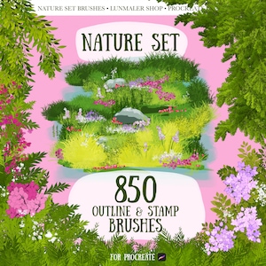 Puede incluir: Conjunto de pinceles de arte digital para Procreate. La imagen presenta una escena de la naturaleza con hierba verde, flores rosas y moradas y rocas grises. El texto dice "NATURE SET" y "850 OUTLINE & STAMP BRUSHES".