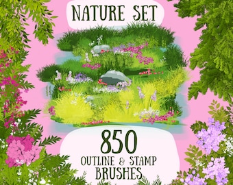Nature 850 outline & stamp brushes for Procreate. Anime nature brushes. Forest, Plant, Grass, Pine, Tree, Foliage brush. Manga anime outline