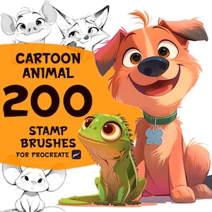 200 pinceles de sellos de animales de dibujos animados para la aplicación Procreate, pinceles de sellos Procreate, animales Procreate, mascotas Procreate, dibujos animados Procreate, digitales