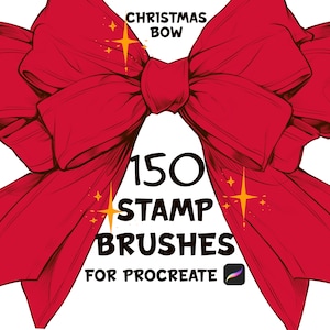 May include: A red Christmas bow with gold stars and the text "150 STAMP BRUSHES FOR PROCREATE" on a white background.