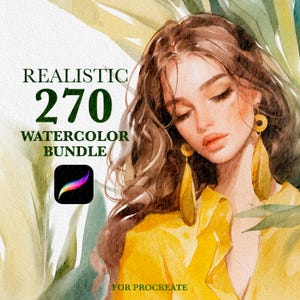 Pode incluir: Ilustração em aquarela de uma mulher com longos cabelos castanhos e brincos dourados, vestindo um top amarelo. A imagem inclui o texto "REALISTIC 270 WATERCOLOR BUNDLE" e "FOR PROCREATE". Um ícone do aplicativo Procreate também é visível.