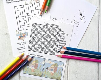 Printable Duck Activity Sheets, wildlife themed children's activity pages, digital download