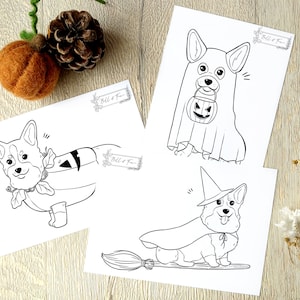 Printable Halloween Corgi Colouring Pages, spooky dog inspired colouring sheets, digital download
