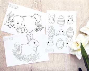 Printable Easter Bunny Colouring Pages, rabbit inspired colouring sheets, digital download