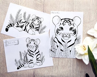Printable Tiger Colouring Pages, wildlife inspired colouring sheets, digital download