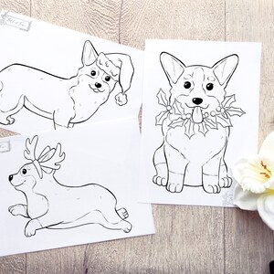 Printable Christmas Corgi Colouring Pages, dog colouring sheets, digital download