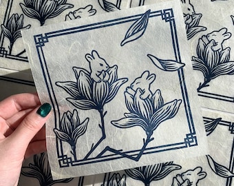 Magnolia Rabbits Linocut Block Print // Floral Bunnies Relief Print