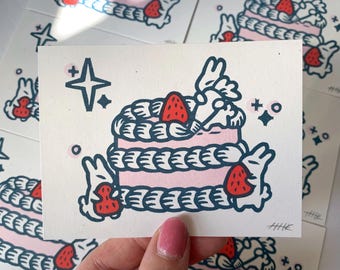 Cute Strawberry Cake Bunny Mini Block Print // Baker Rabbits Linocut Print